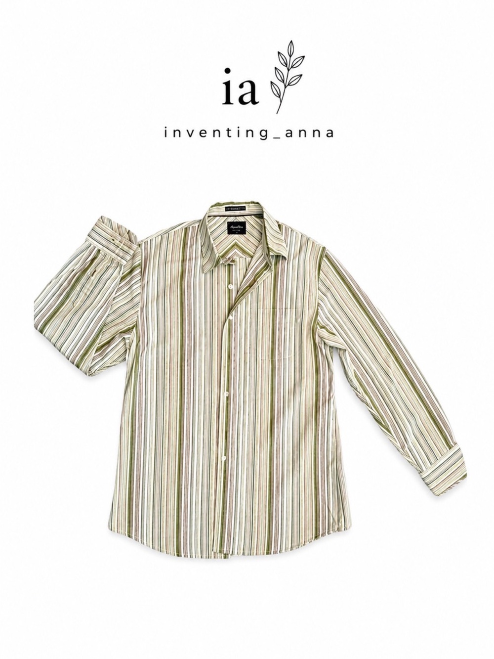 INDIGO PALMS Men's Green and Off White Embroidered Striped Shirt size L